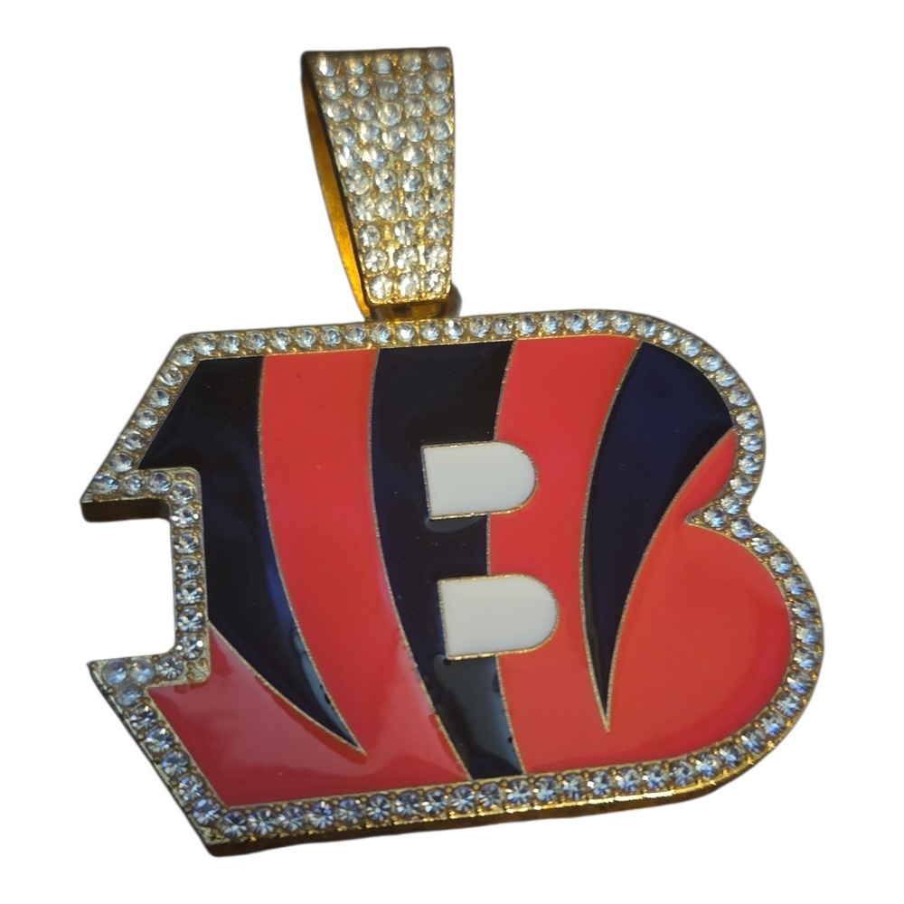 Cincinnati Bengals NFL Logo Pendant Gold Tone Rhinestone Iced Out Fan Jewelry
